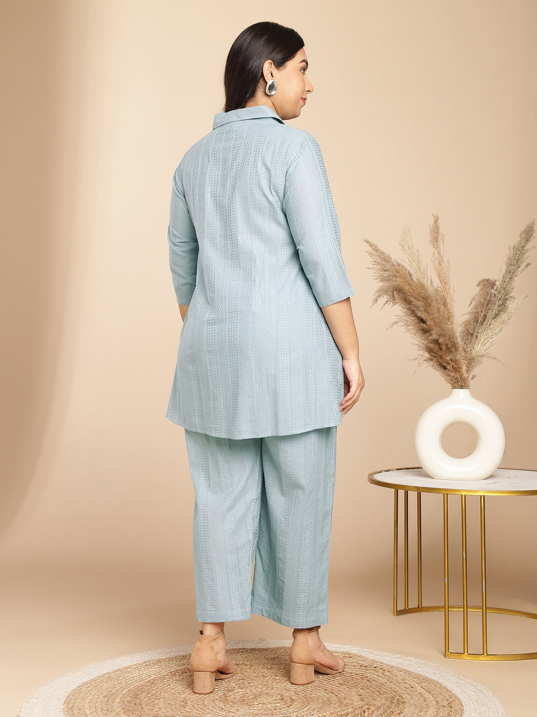 Plus Size Light Blue Cotton Jecquard Self Design Shirt Style Co-ord Set  - By Janasya