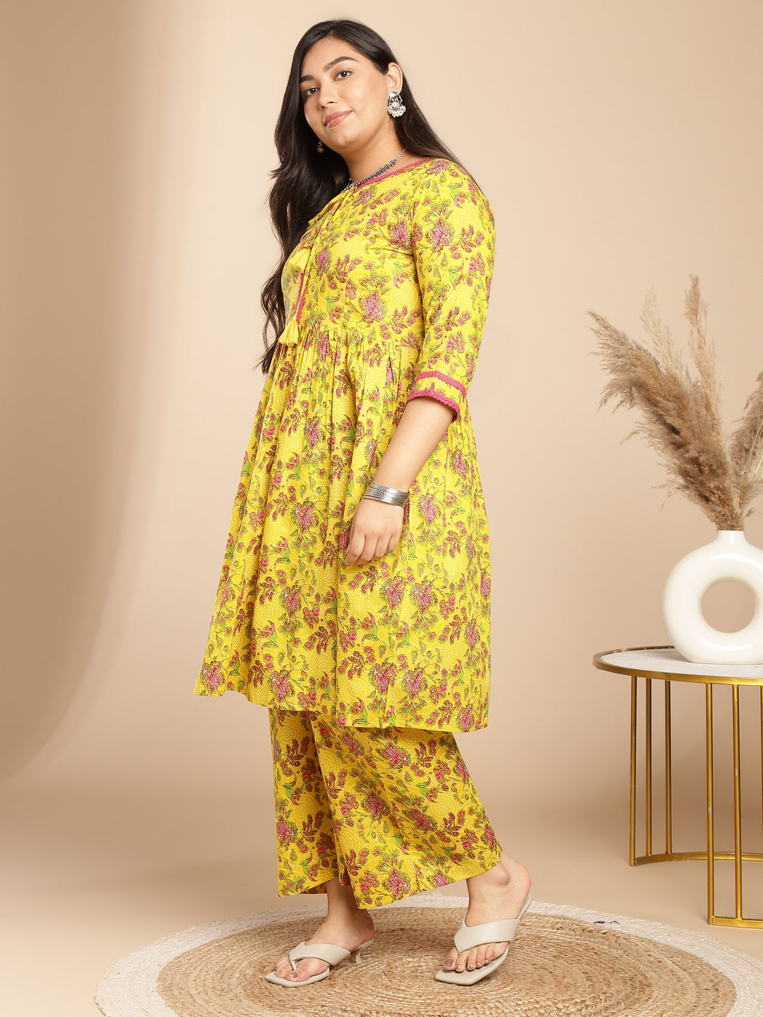 Plus Size Yellow Cotton Floral Gathered Kurta Set  - By Janasya