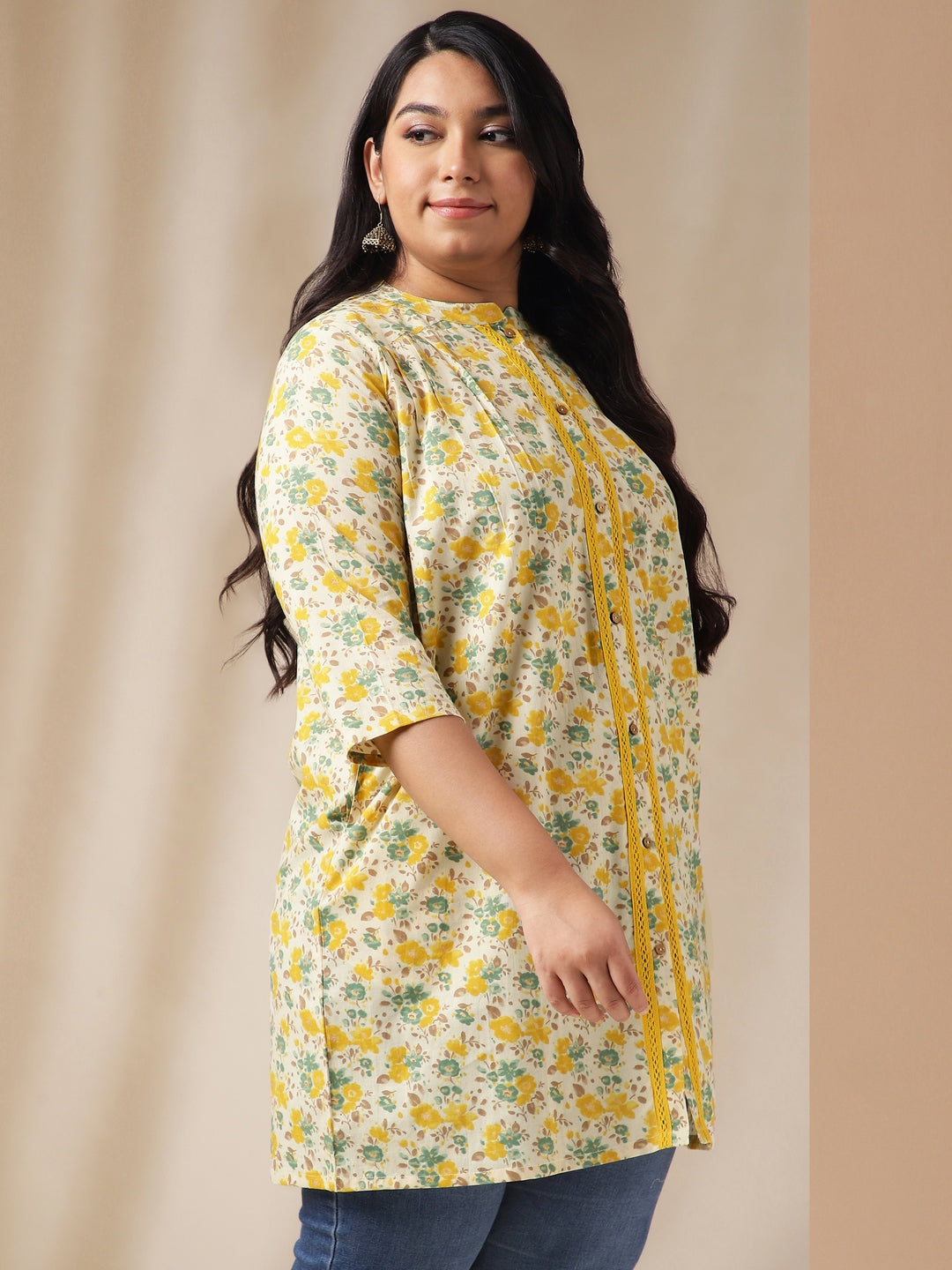 Plus Size Cream Cotton Floral A-Line Tunic  - By Janasya