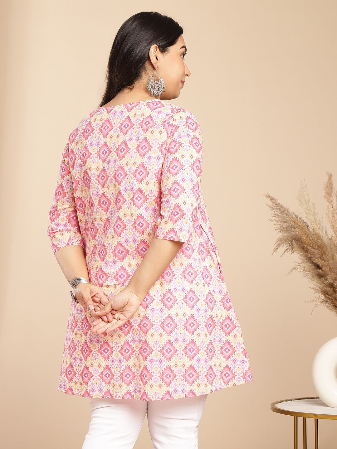 Plus Size Pink Cotton Ikkat Pleated Tunic  - By Janasya