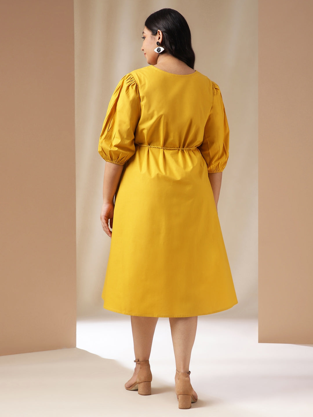 Plus Size Yellow Poplin Solid A-Line Dress  - By Janasya