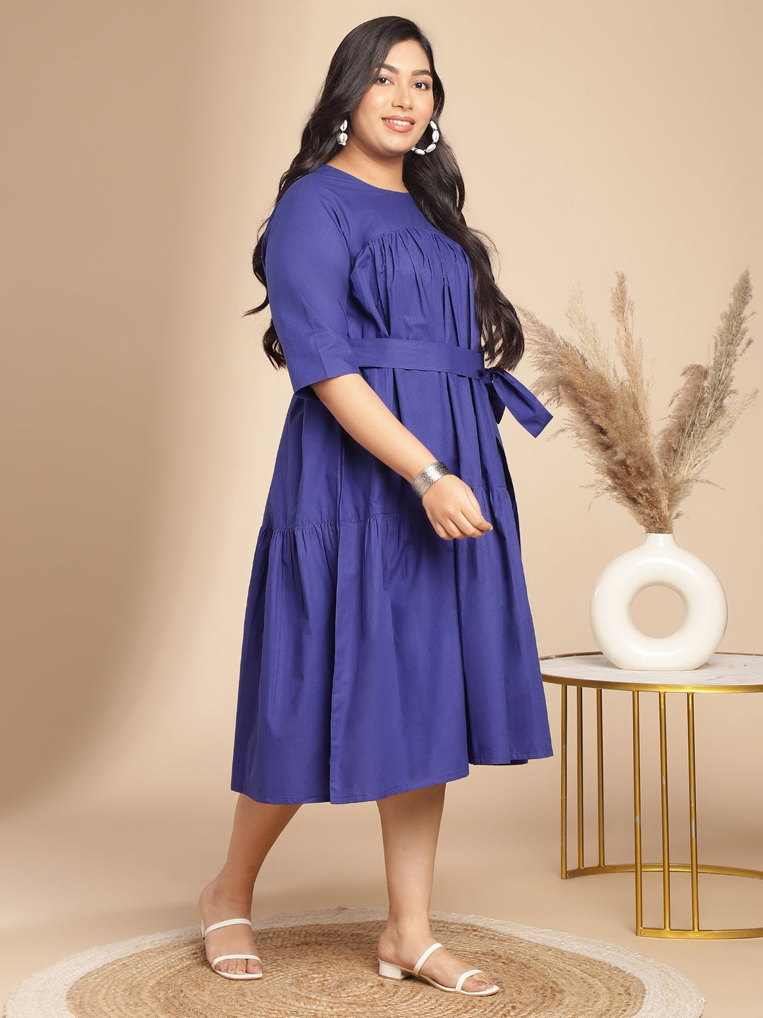 Plus Size Blue Poplin Solid Flared Dress  - By Janasya