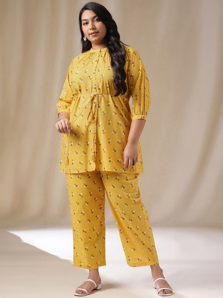 Plus Size Mustard Cotton Bandhani A-Line Co-ord Set  - By Janasya