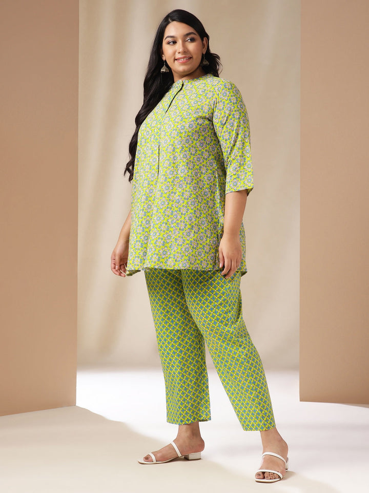 Plus Size Lime Green Cotton Ethnic Motifs A-Line Co-Ord Set  - By Janasya