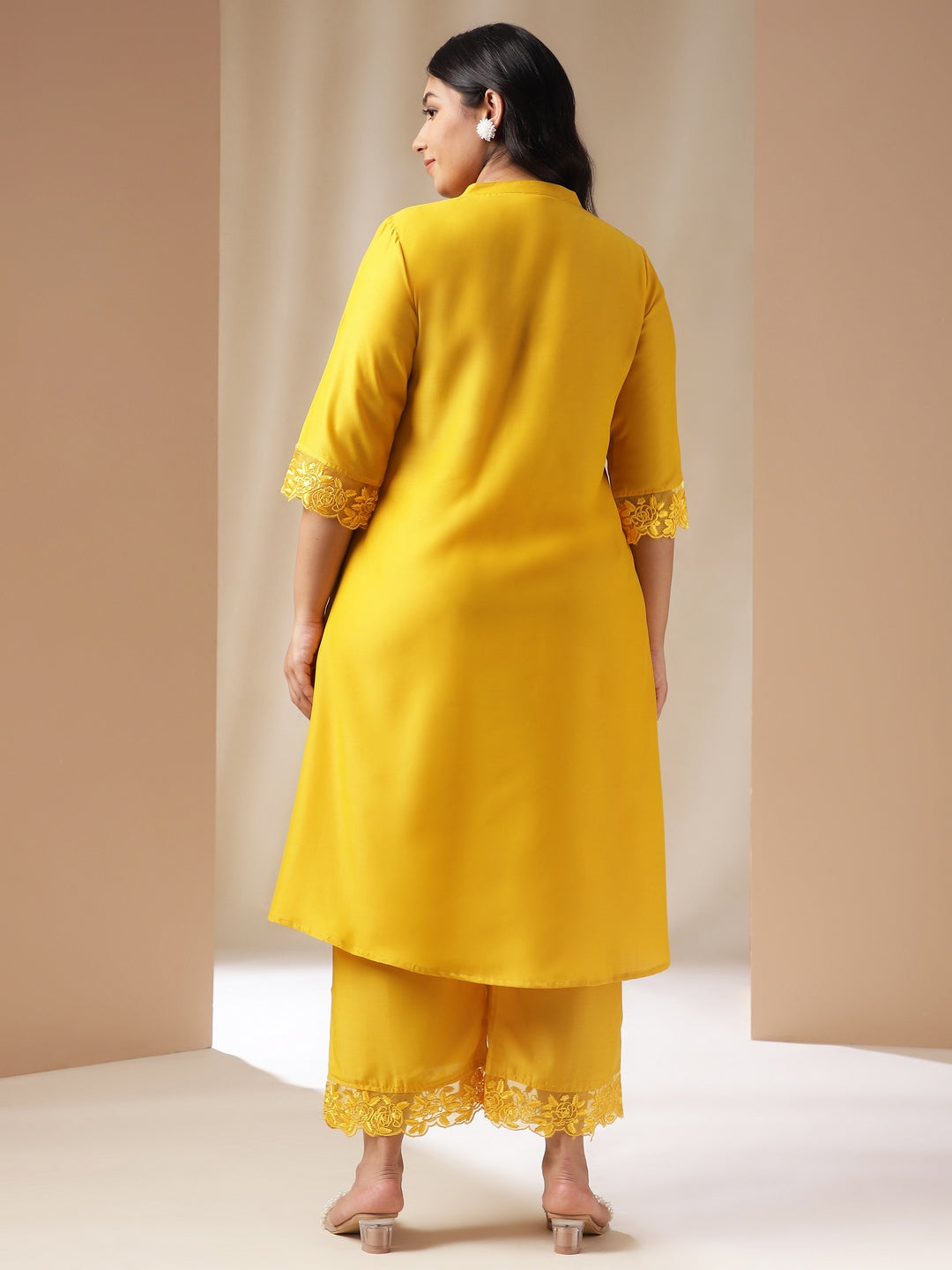 Plus Size Yellow Muslin Solid Pleated Kurta Set  - By Janasya