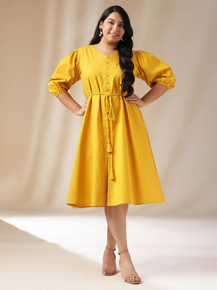 Plus Size Yellow Poplin Solid A-Line Dress  - By Janasya