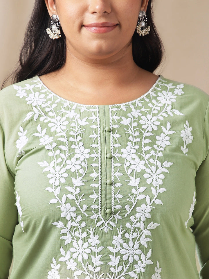 Plus Size Sage Cotton Chikankari Regular Tunic  - By Janasya