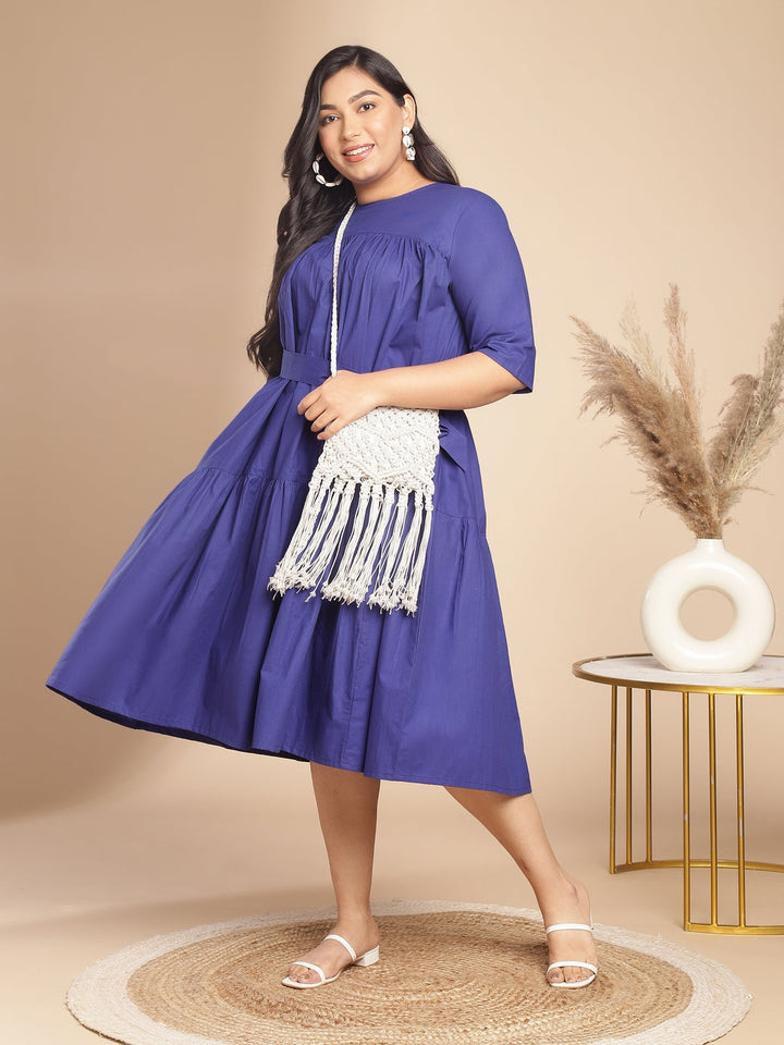 Plus Size Blue Poplin Solid Flared Dress  - By Janasya