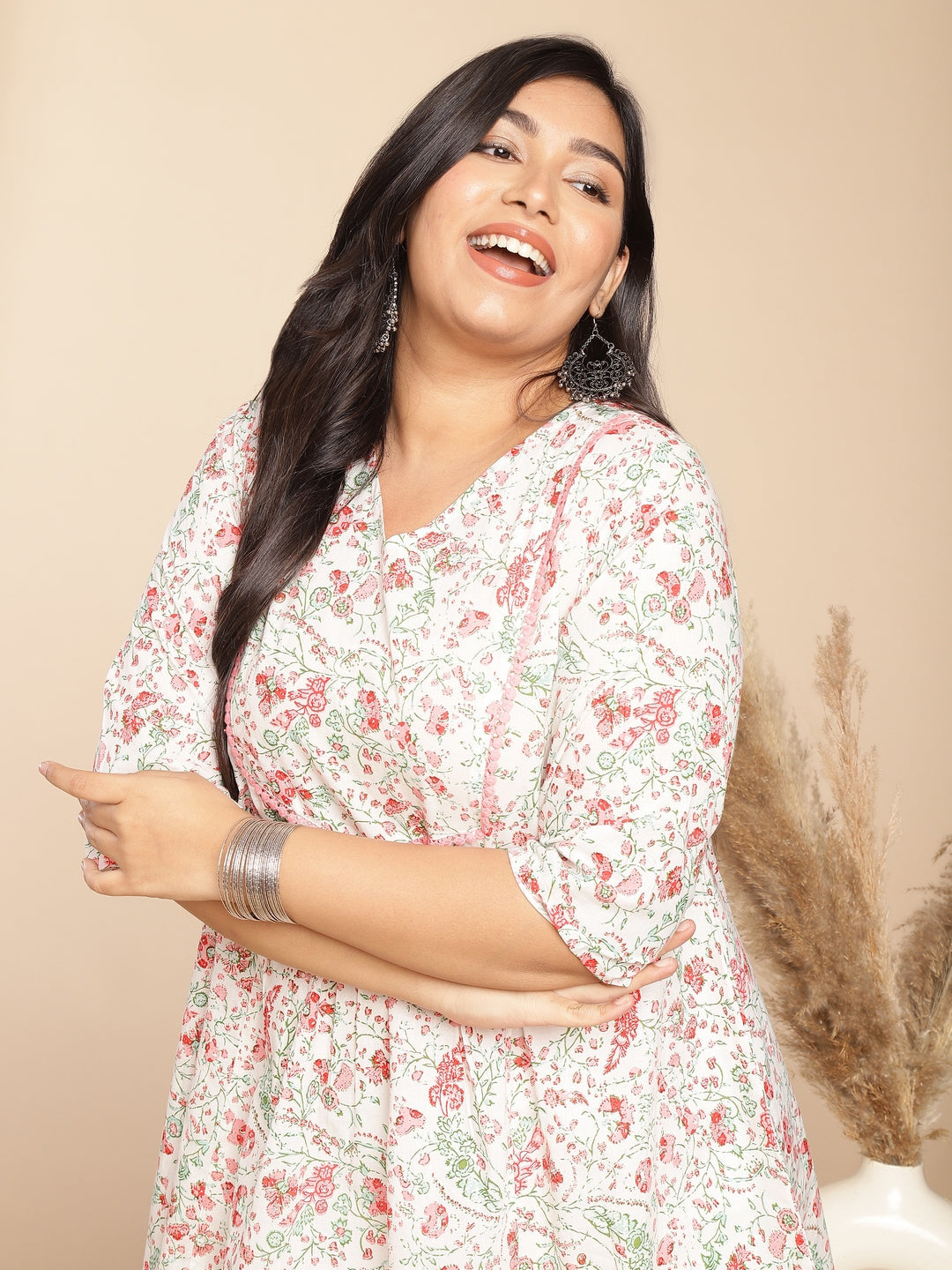 Plus Size White Cotton Floral A-Line Tunic  - By Janasya