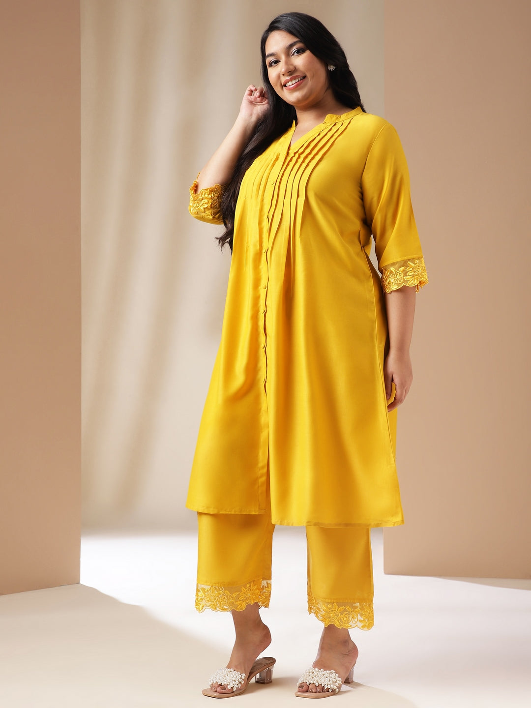 Plus Size Yellow Muslin Solid Pleated Kurta Set  - By Janasya