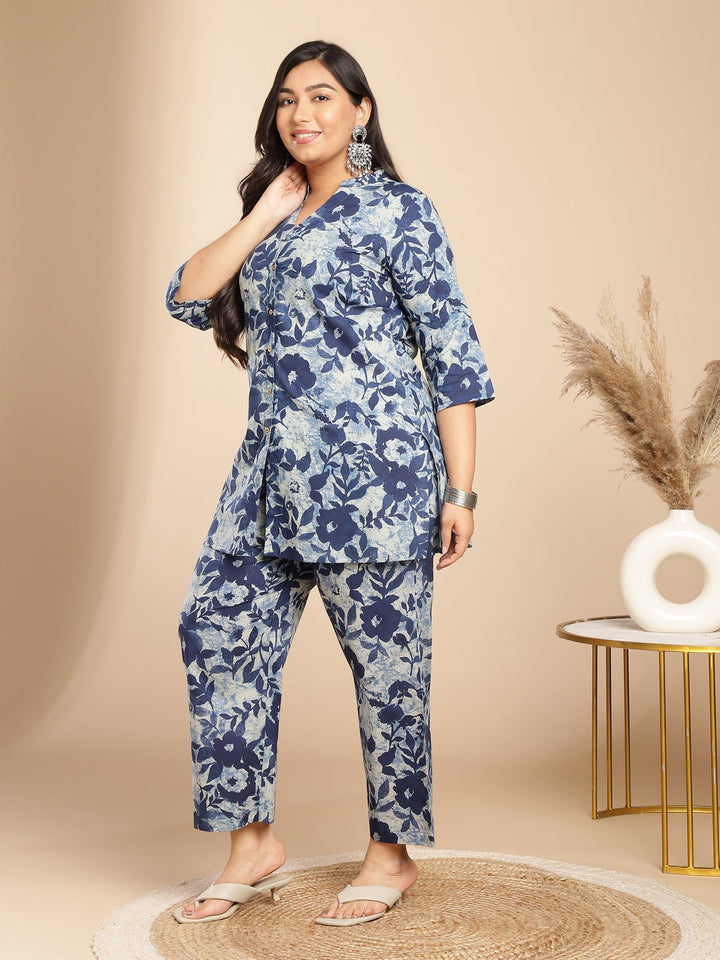 Plus Size Indigo Cotton Floral A-Line Co-ord Set  - By Janasya