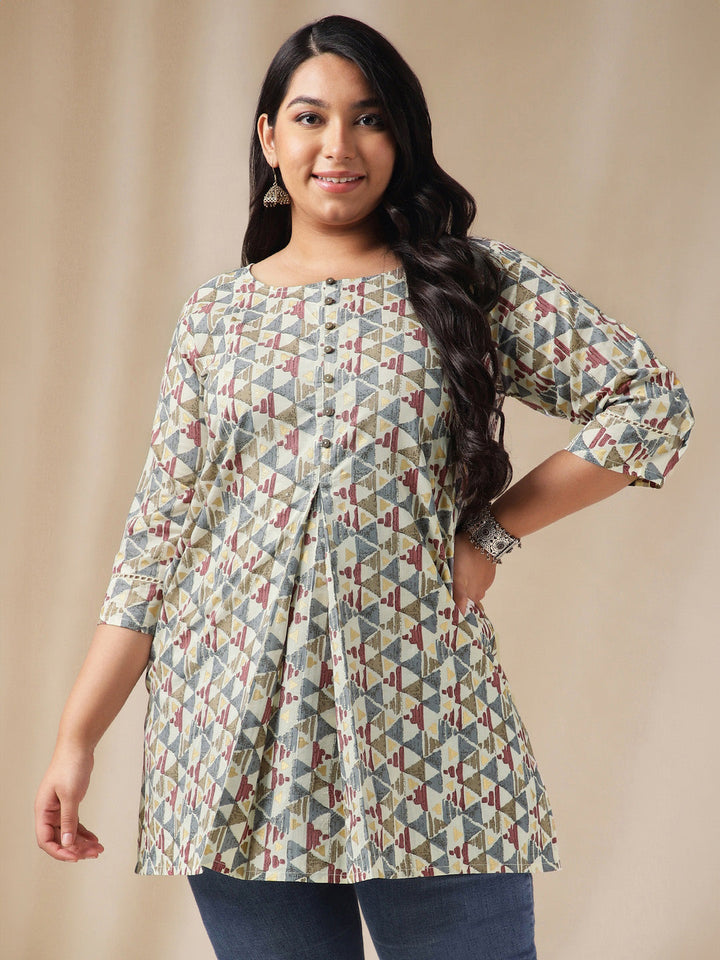 Plus Size Off White Cotton Geometric Regular Tunic  - By Janasya