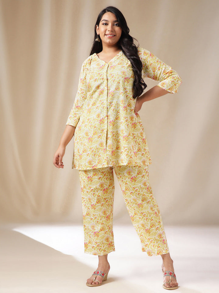 Plus Size Off White Cotton Floral A-Line Co-ord Set  - By Janasya