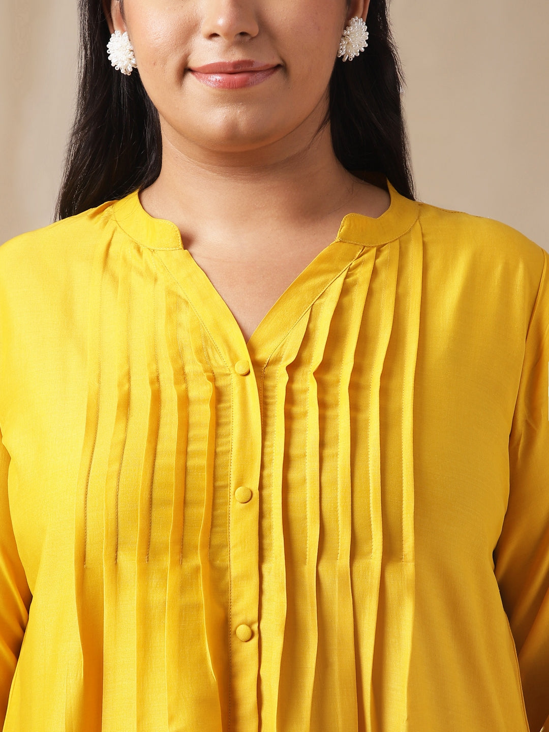 Plus Size Yellow Muslin Solid Pleated Kurta Set  - By Janasya