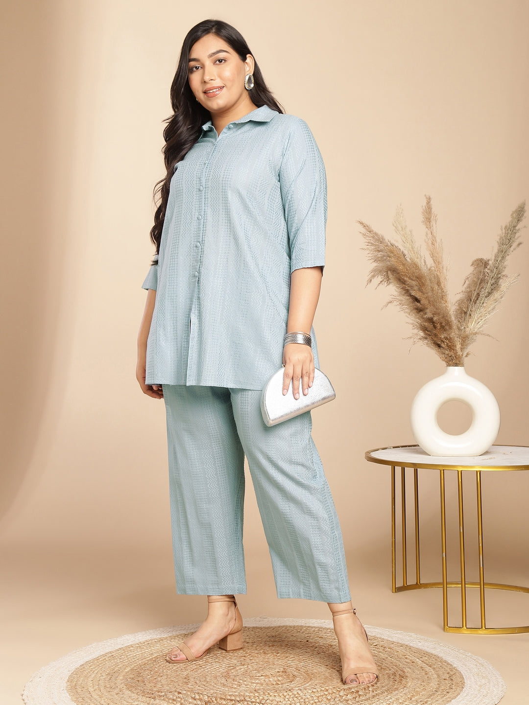 Plus Size Light Blue Cotton Jecquard Self Design Shirt Style Co-ord Set  - By Janasya