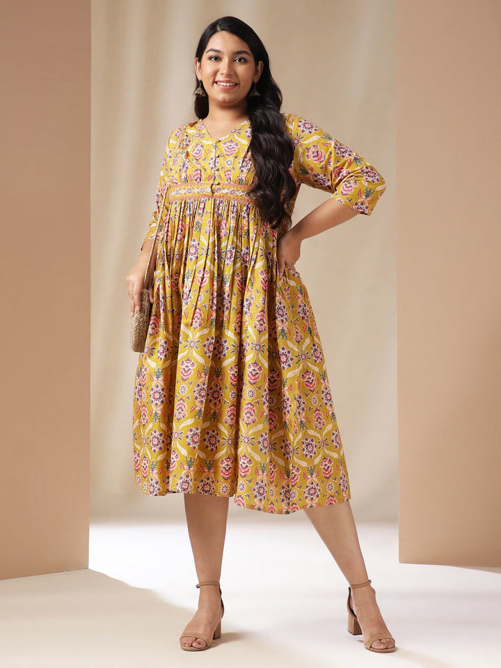 Plus Size Mustard Cotton Ethnic Motif A-Line Dress  - By Janasya