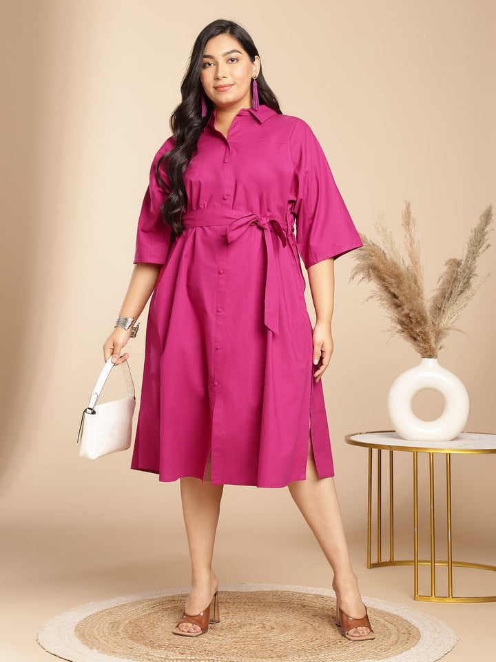 Plus Size Pink Poplin Solid Shirt Style Dress  - By Janasya