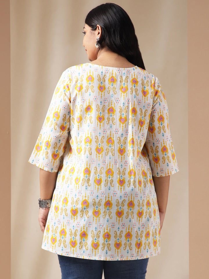 Plus Size Off White Cotton Ikkat Pleated Tunic  - By Janasya