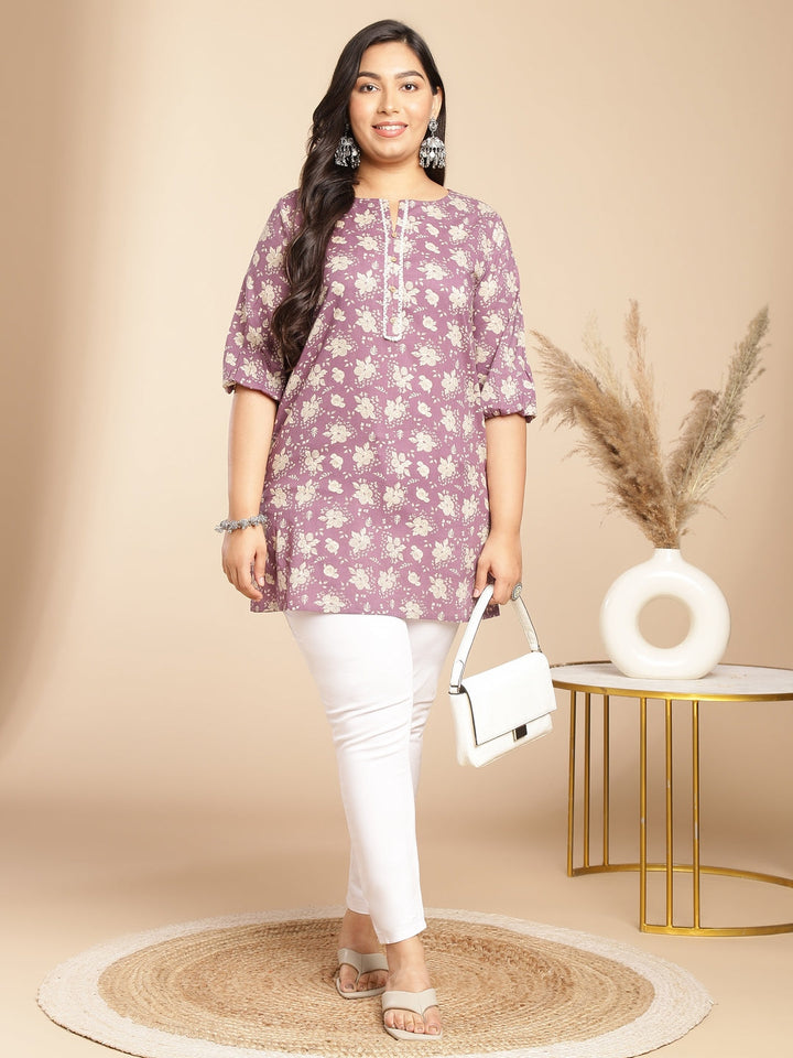 Plus Size Purple Cotton Floral Regular Tunic  - By Janasya