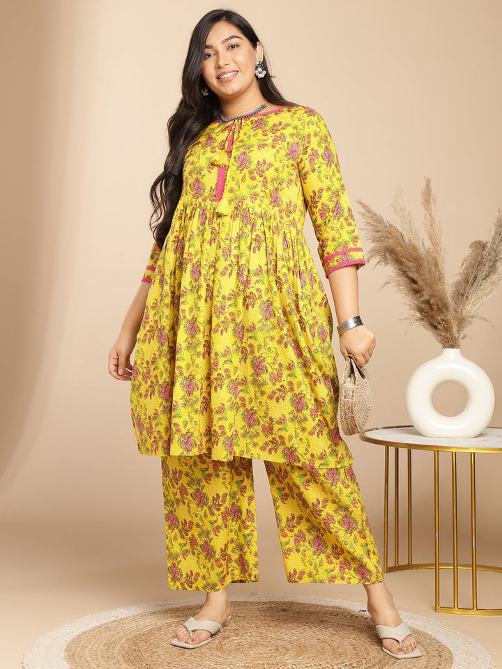 Plus Size Yellow Cotton Floral Gathered Kurta Set  - By Janasya