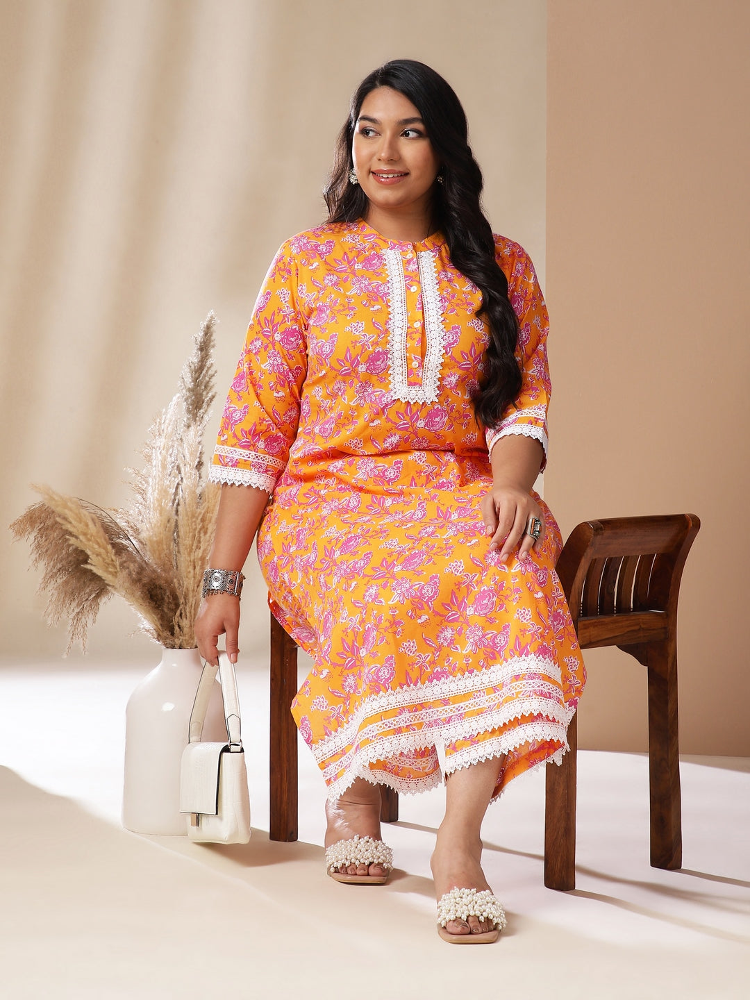 Plus Size Orange Cotton Floral Straight Kurta Set  - By Janasya