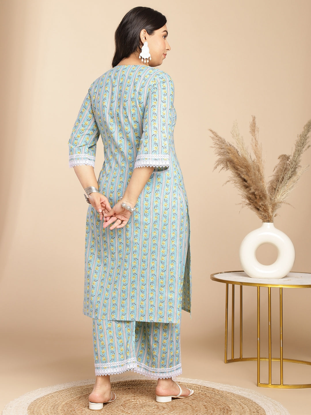 Plus Size Light Blue Cotton Floral Regular Kurta Set  - By Janasya