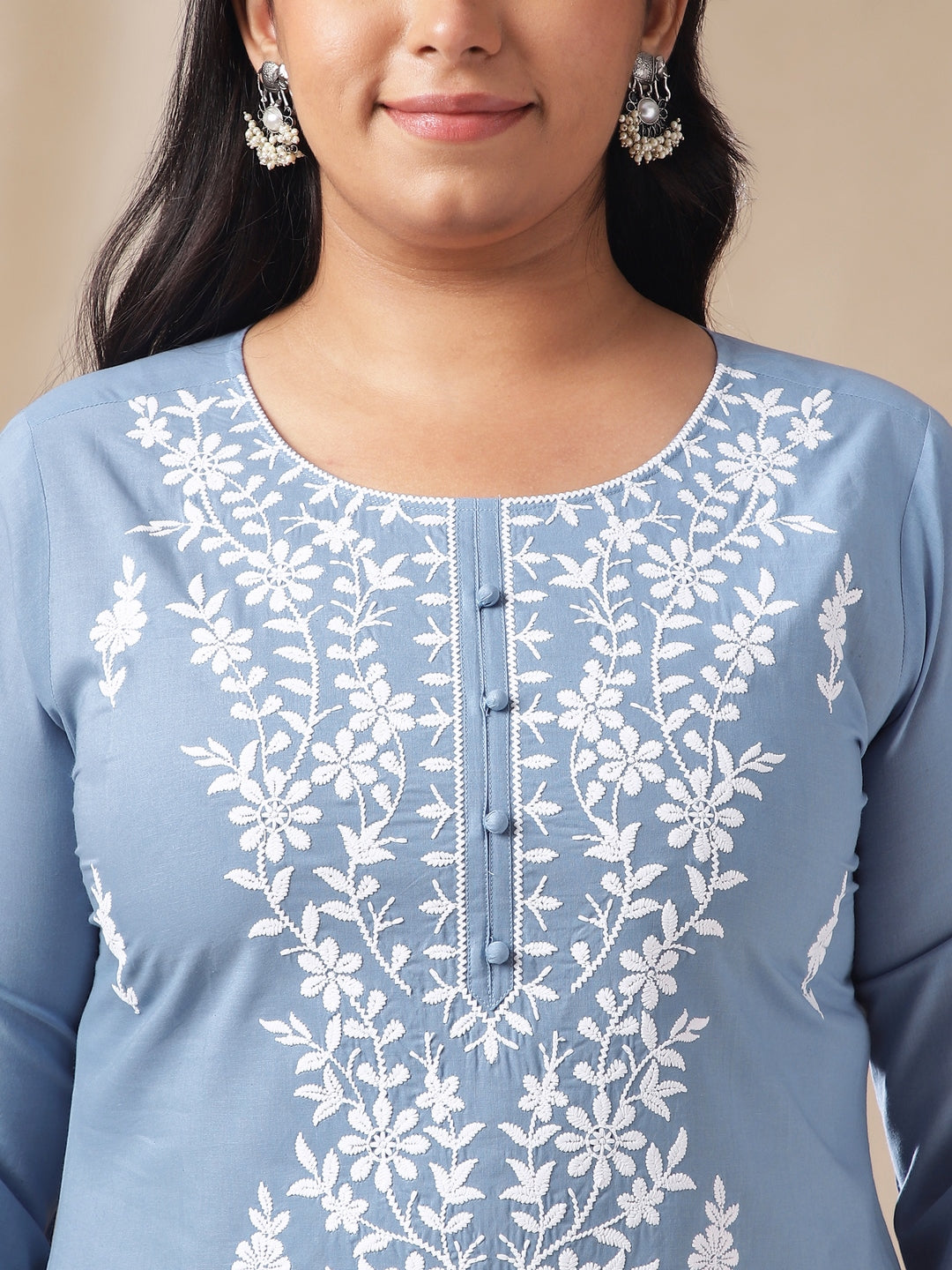 Plus Size Blue Cotton Chikankari Regular Tunic  - By Janasya