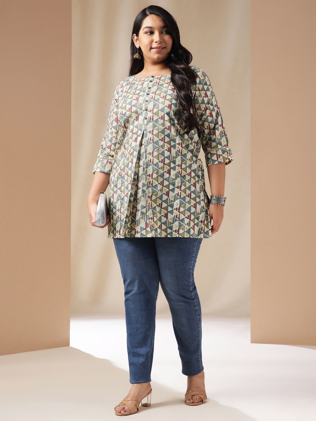 Plus Size Off White Cotton Geometric Regular Tunic  - By Janasya