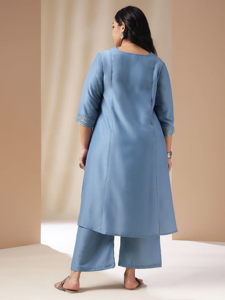 Plus Size Blue Muslin Yoke Embroidery Panelled Kurta Set  - By Janasya