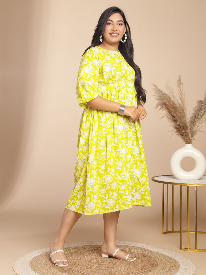 Plus Size Lime Cotton Floral Gathered Dress  - By Janasya