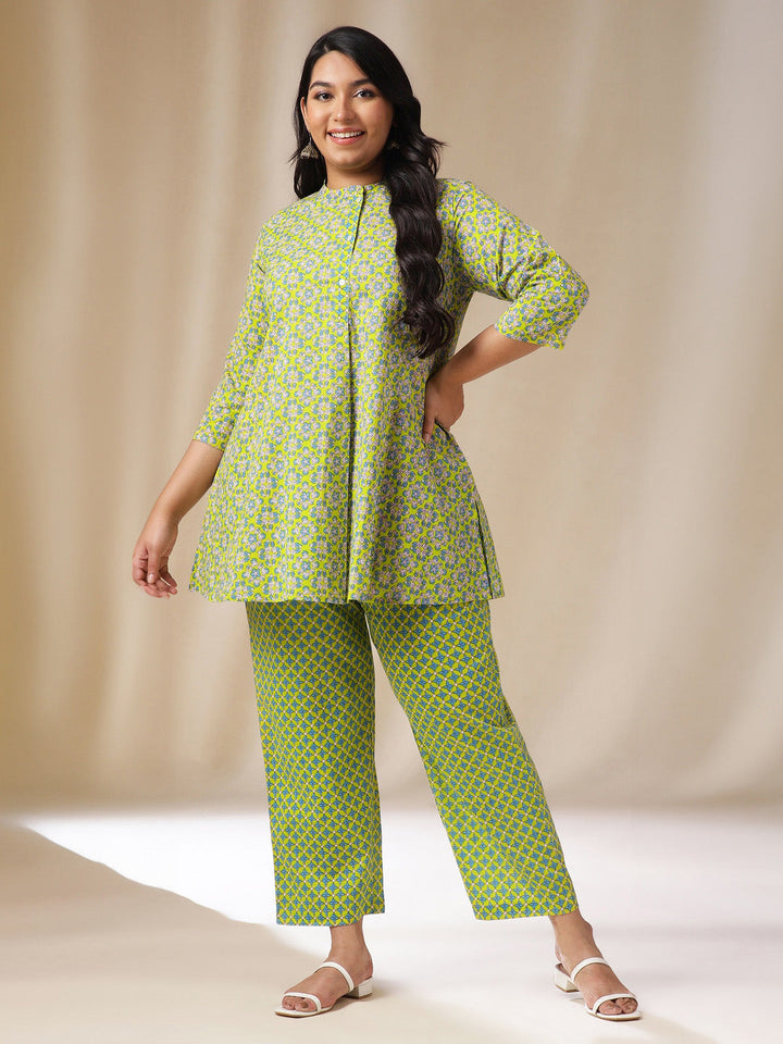 Plus Size Lime Green Cotton Ethnic Motifs A-Line Co-Ord Set  - By Janasya