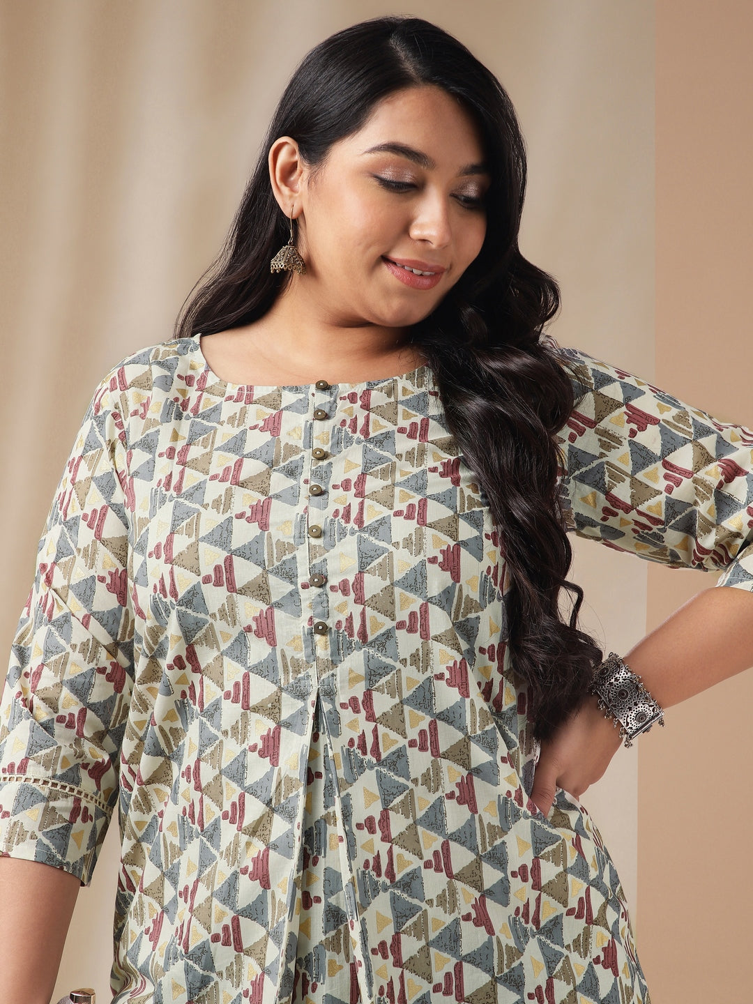 Plus Size Off White Cotton Geometric Regular Tunic  - By Janasya