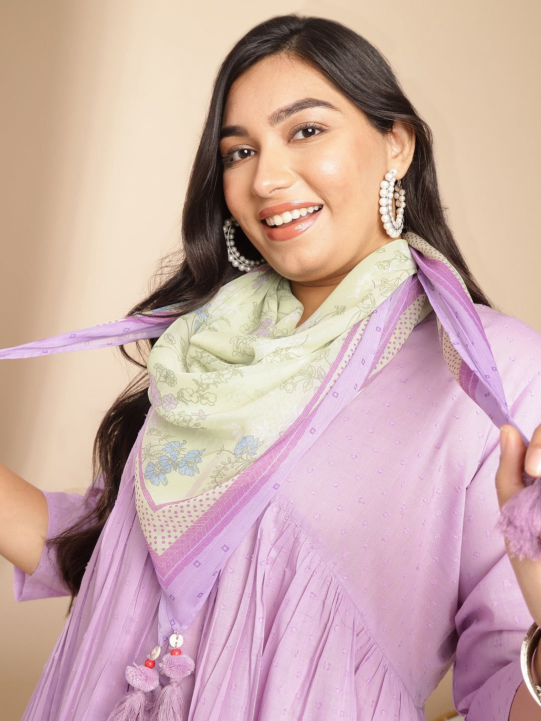 Plus Size Lavender Dobby Cotton Self Design Flared Scarf Set  - By Janasya