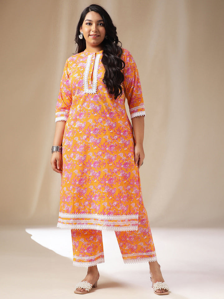 Plus Size Orange Cotton Floral Straight Kurta Set  - By Janasya