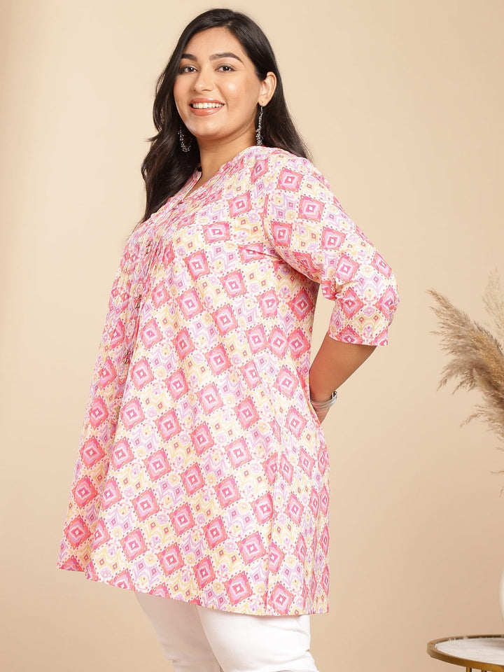 Plus Size Pink Cotton Ikkat Pleated Tunic  - By Janasya