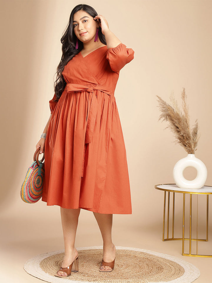 Plus Size Rust Poplin Solid Wrap Dress  - By Janasya