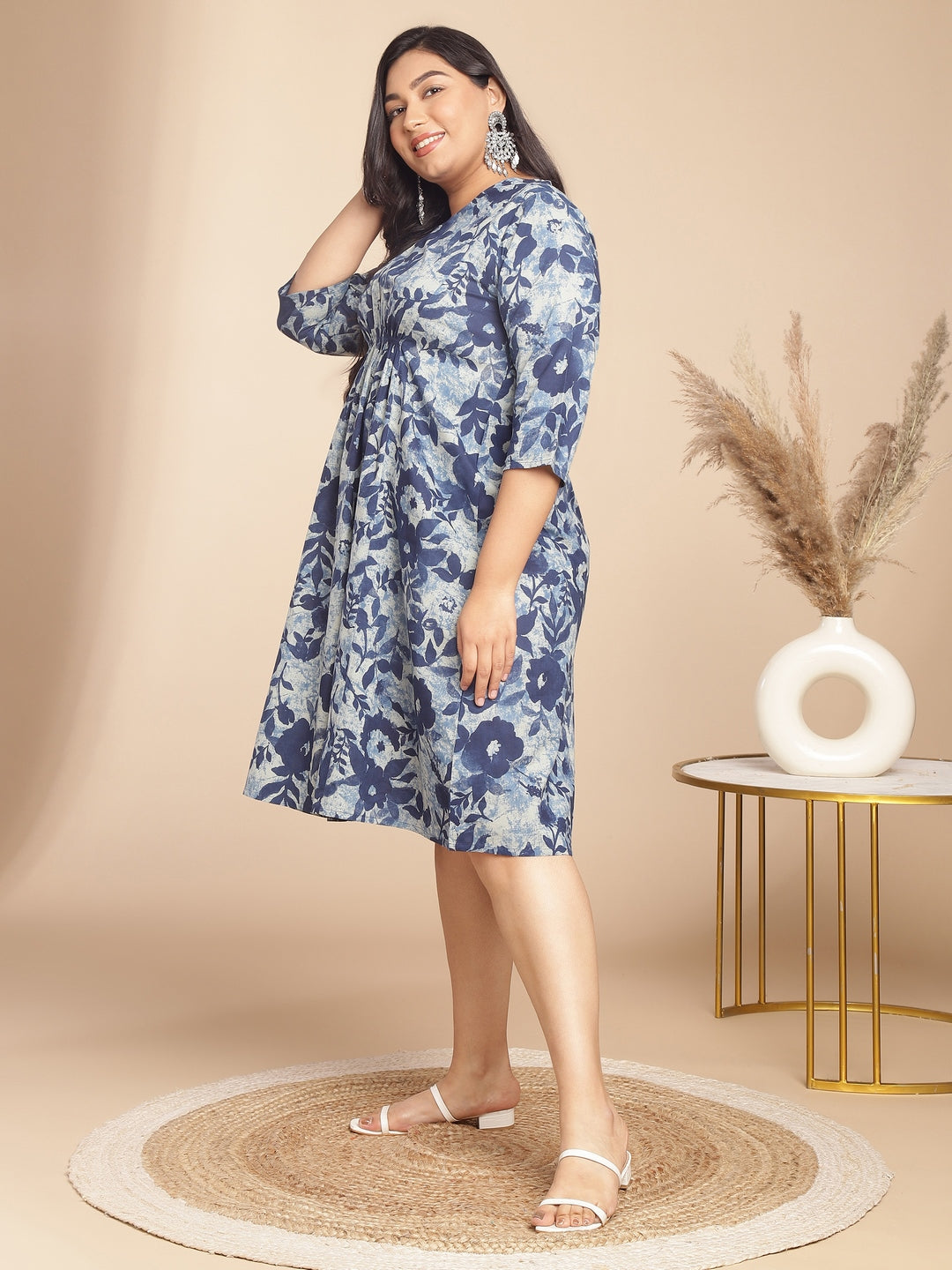 Plus Size Indigo Cotton Floral Gathered Dress  - By Janasya