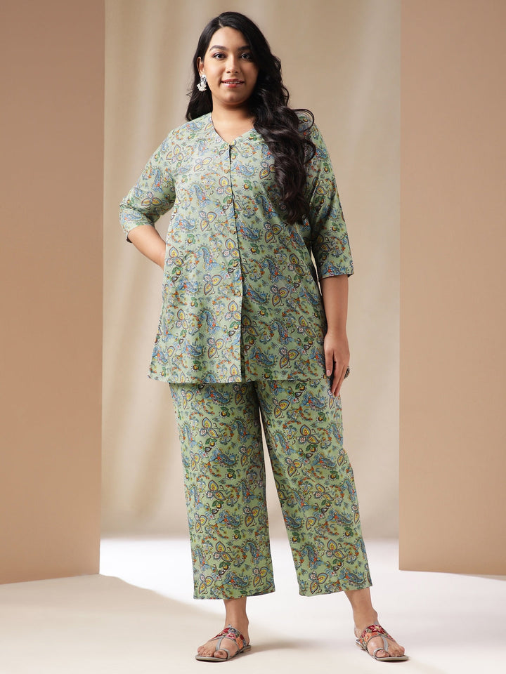 Plus Size Sage Cotton Floral Shirt Style Co-ord Set  - By Janasya