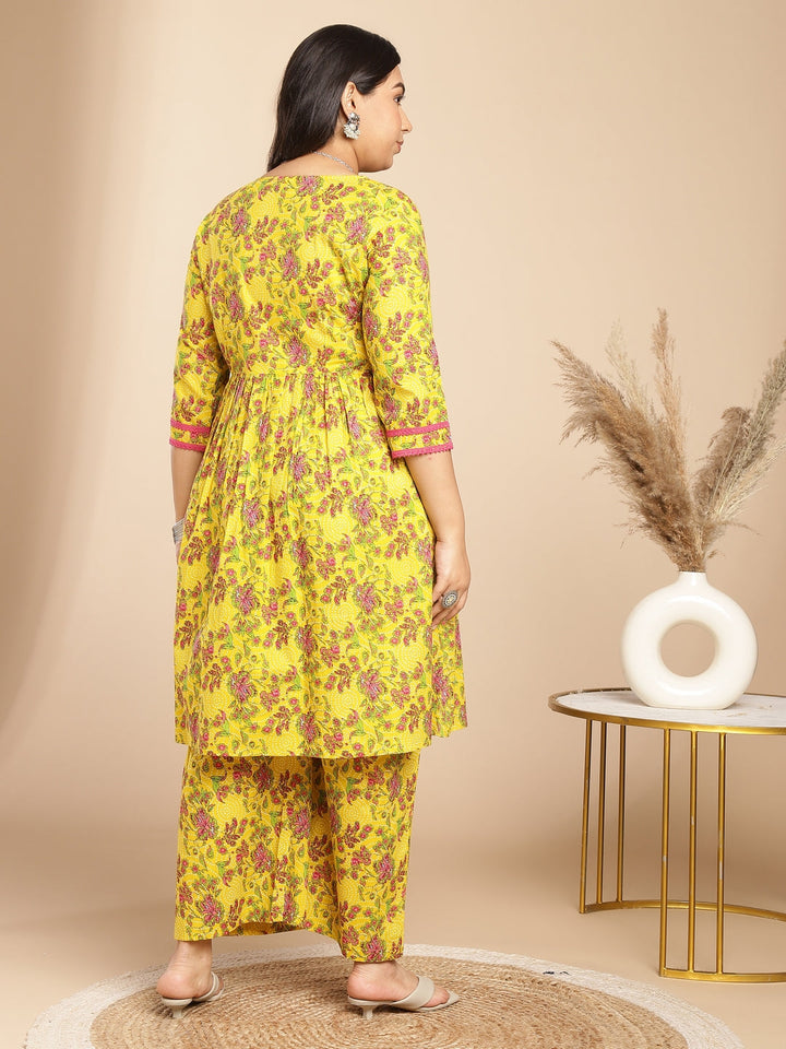 Plus Size Yellow Cotton Floral Gathered Kurta Set  - By Janasya