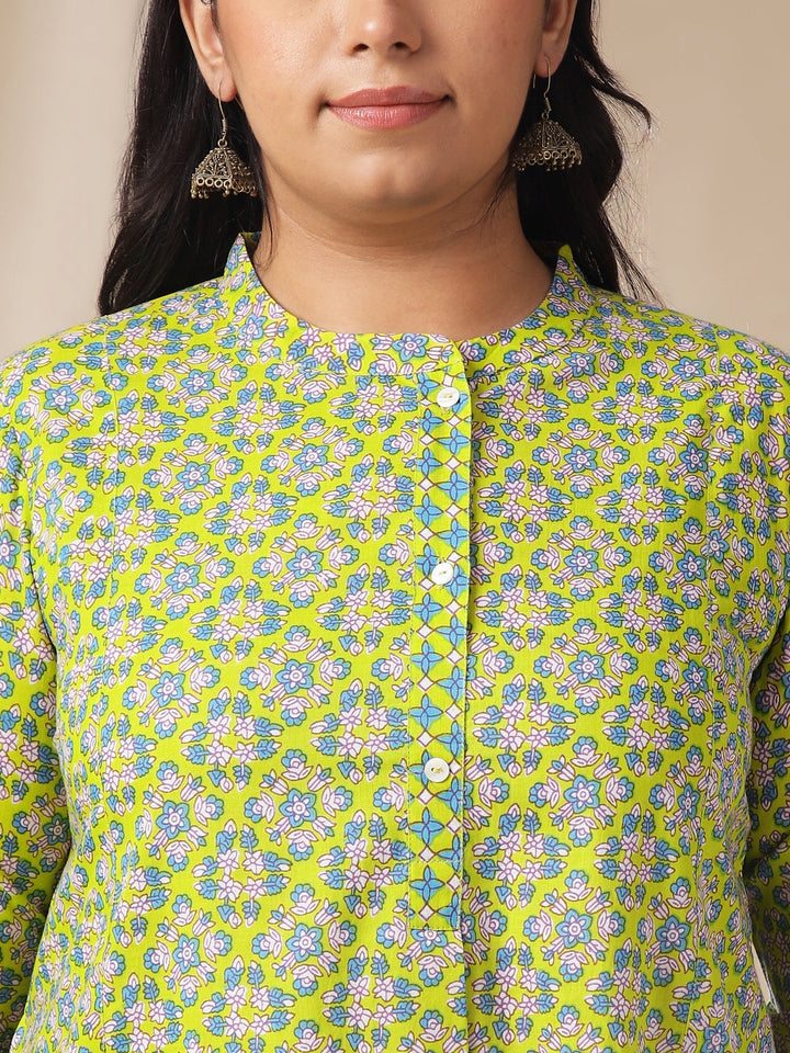 Plus Size Lime Green Cotton Ethnic Motifs A-Line Co-Ord Set  - By Janasya