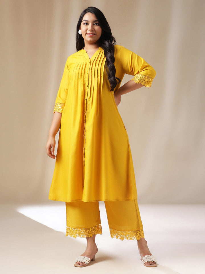 Plus Size Yellow Muslin Solid Pleated Kurta Set  - By Janasya