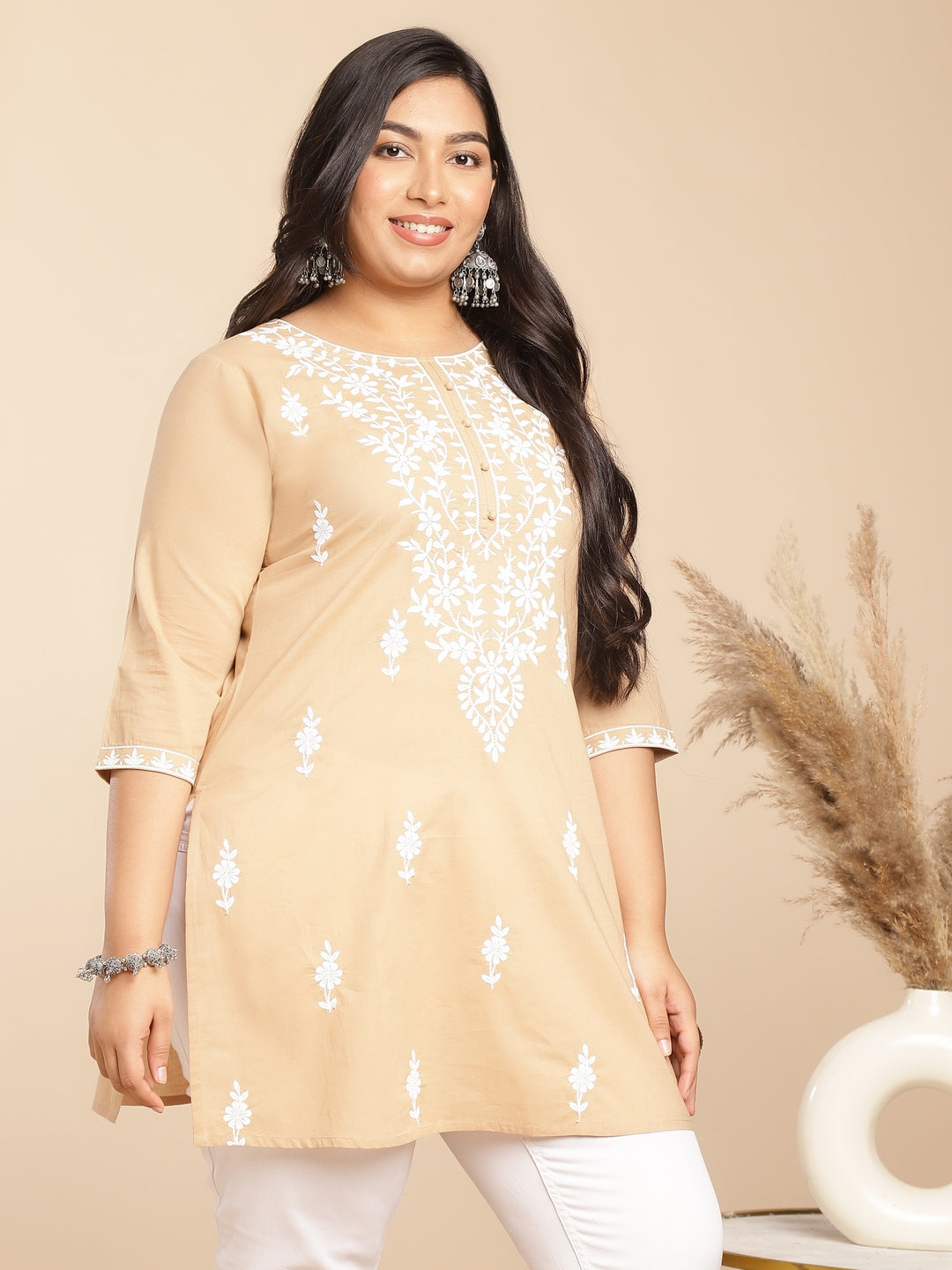 Plus Size Cream Cotton Chikankari Regular Tunic  - By Janasya