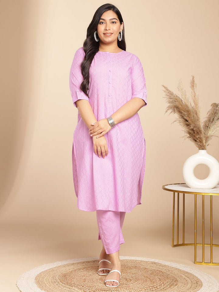 Plus Size Lavender Cotton Jacquard Self Design Straight Co-Ord Set  - By Janasya