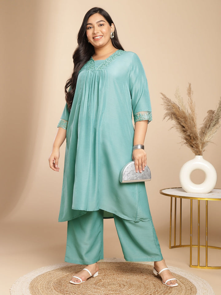 Plus Size Sage Muslin Yoke Embroidery A-Line Kurta Set  - By Janasya