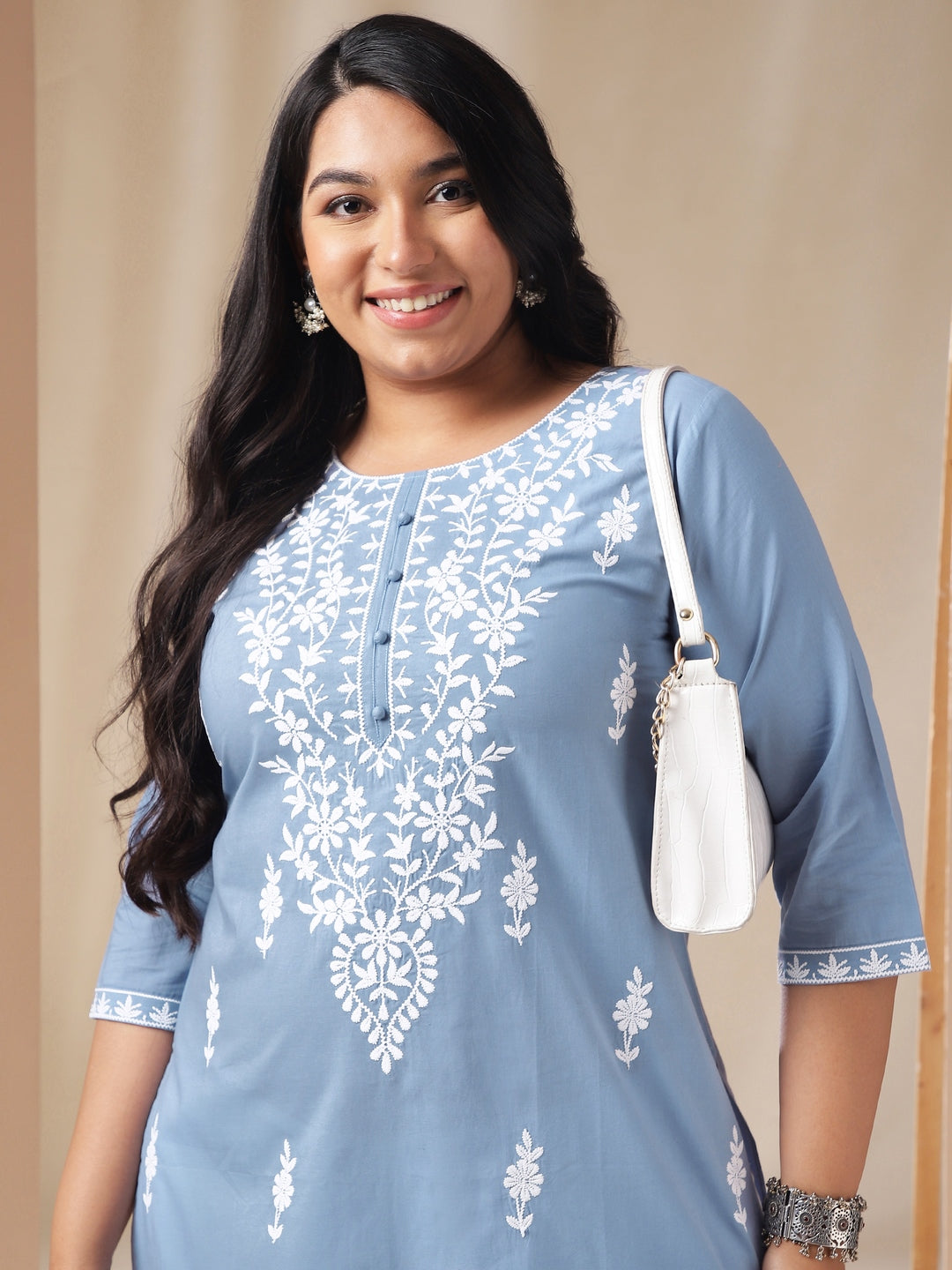 Plus Size Blue Cotton Chikankari Regular Tunic  - By Janasya