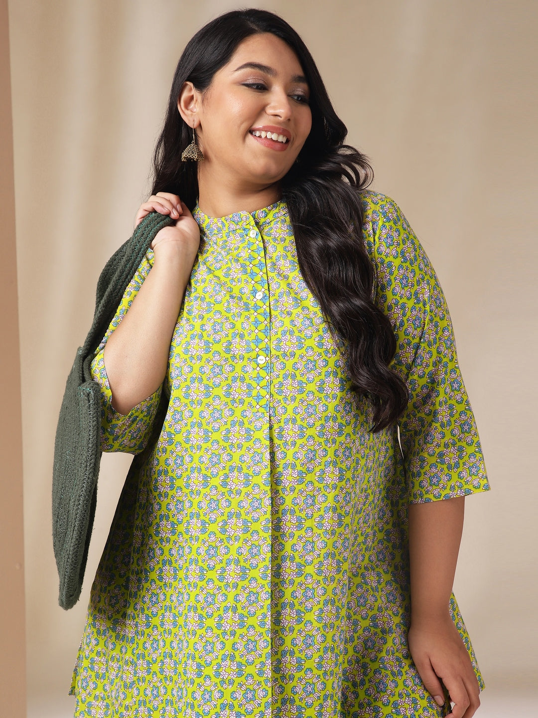 Plus Size Lime Green Cotton Ethnic Motifs A-Line Co-Ord Set  - By Janasya