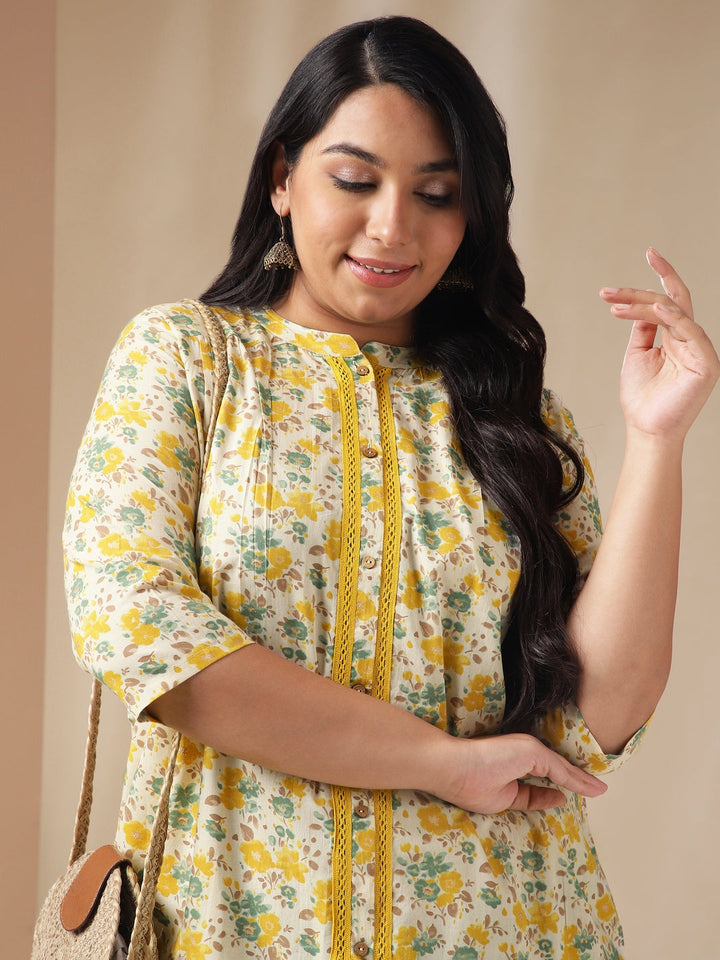 Plus Size Cream Cotton Floral A-Line Tunic  - By Janasya