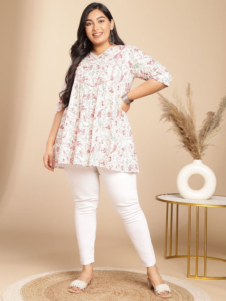 Plus Size White Cotton Floral A-Line Tunic  - By Janasya