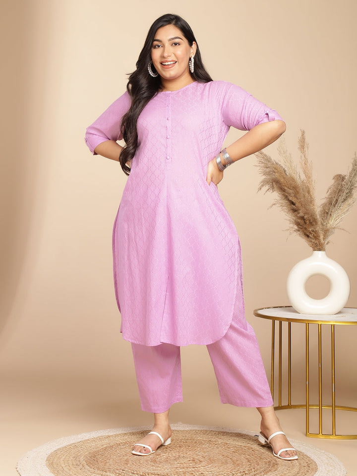 Plus Size Lavender Cotton Jacquard Self Design Straight Co-Ord Set  - By Janasya