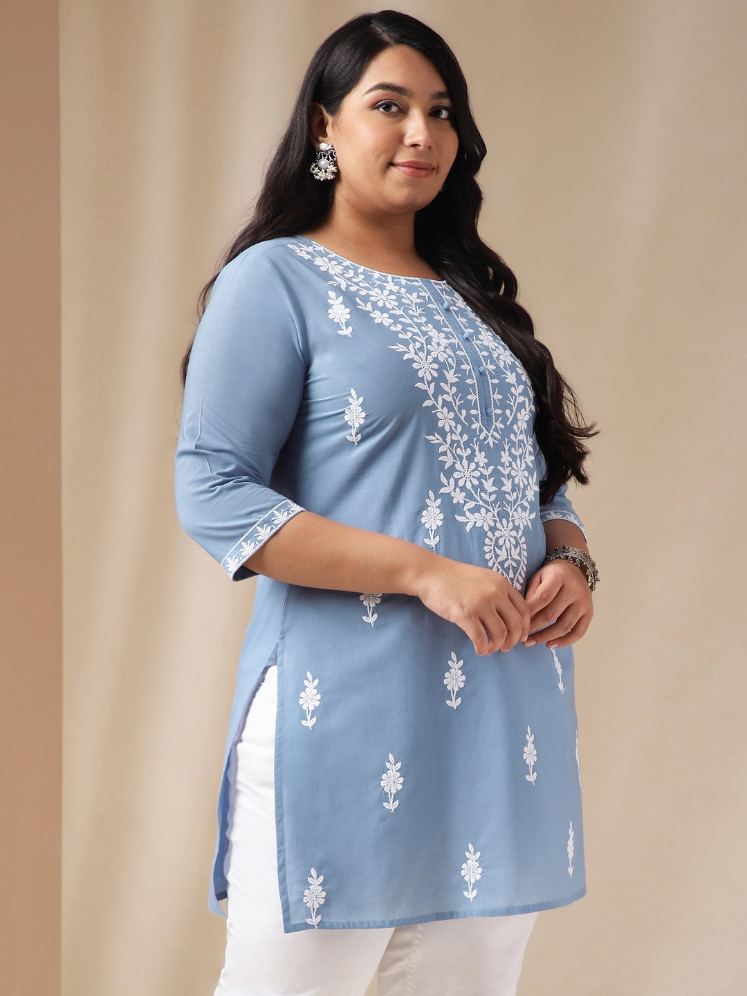 Plus Size Blue Cotton Chikankari Regular Tunic  - By Janasya